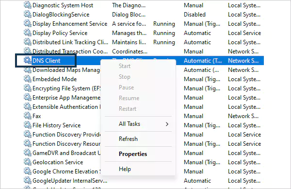 DNS Client service option on Windows