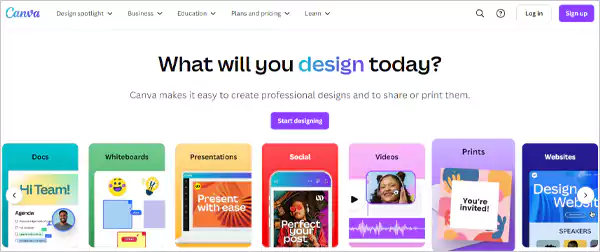 Landing page of Canva web page