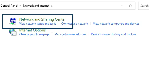 Network and Internet settings panel in settings