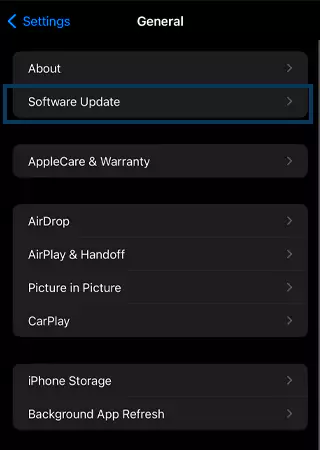 Software update option in General settings of iPhone