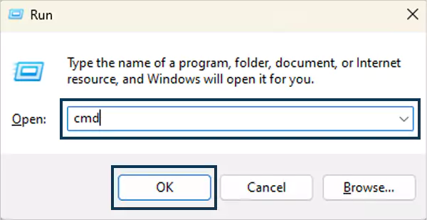 cmd in the run command panel of windows