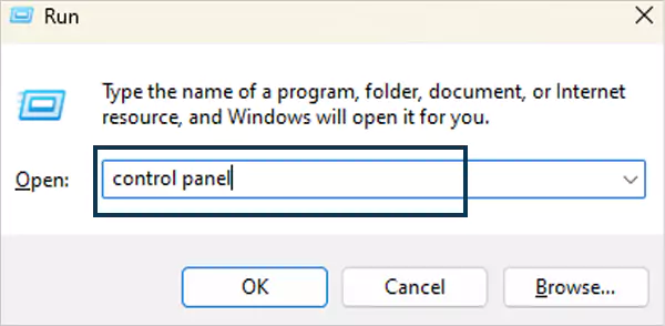 control panel command in the run command panel