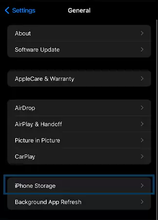 iPhone Storage option in settings