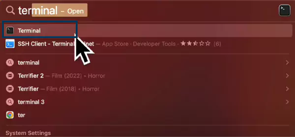 searching terminal on spotlight search